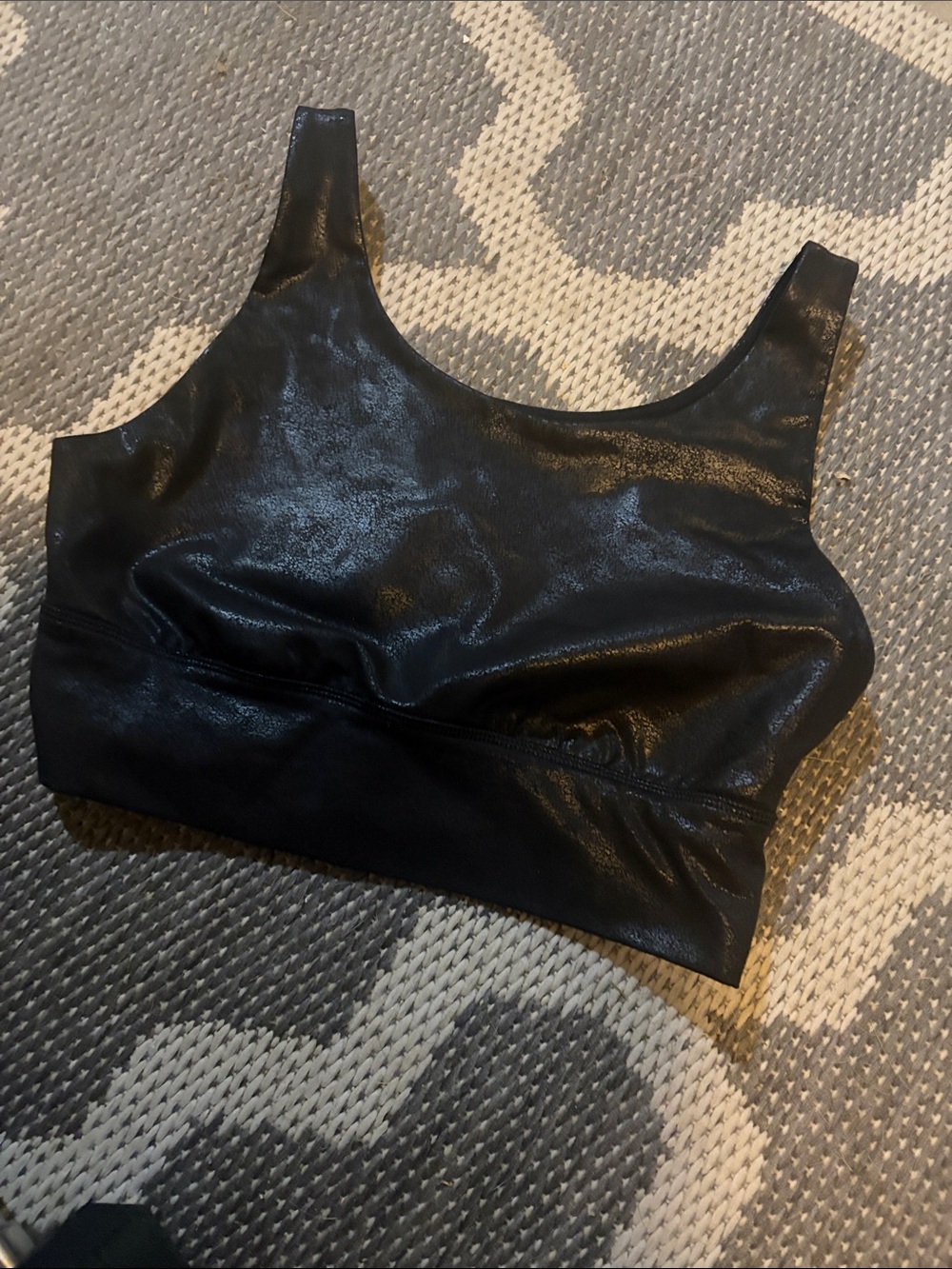 Shiny Black Crop Sports Bra with Wide Straps